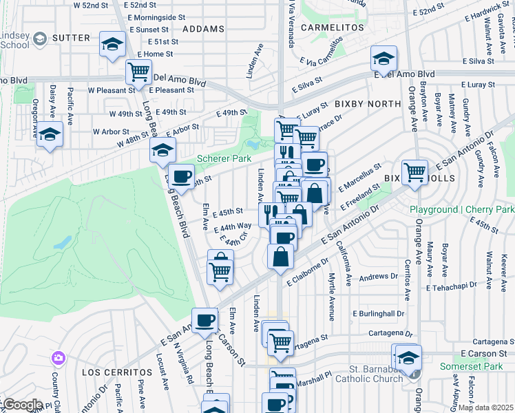 map of restaurants, bars, coffee shops, grocery stores, and more near 4503 Linden Ave in Long Beach