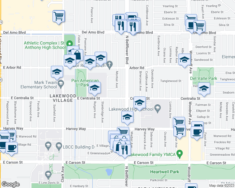 map of restaurants, bars, coffee shops, grocery stores, and more near 5443 Centralia Street in Long Beach