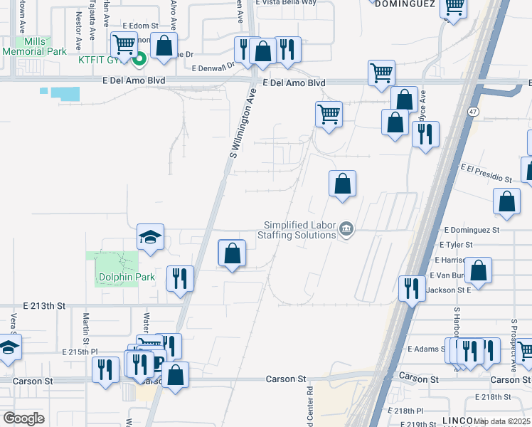 map of restaurants, bars, coffee shops, grocery stores, and more near 2001 East Dominguez Street in Carson