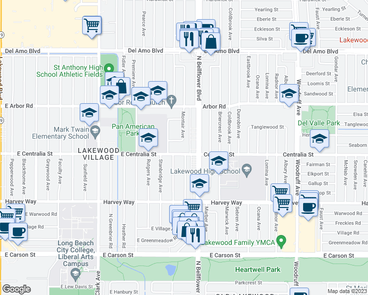 map of restaurants, bars, coffee shops, grocery stores, and more near 5443 Centralia Street in Long Beach