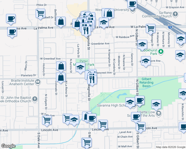 map of restaurants, bars, coffee shops, grocery stores, and more near 2574 West Glencrest Avenue in Anaheim