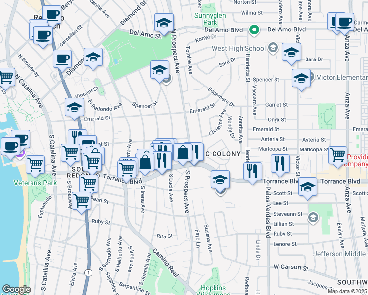 map of restaurants, bars, coffee shops, grocery stores, and more near 209 South Prospect Avenue in Redondo Beach