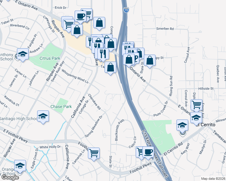 map of restaurants, bars, coffee shops, grocery stores, and more near 1515 Taber Street in Corona