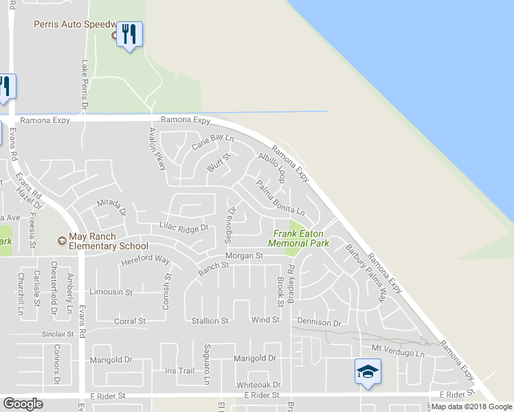 map of restaurants, bars, coffee shops, grocery stores, and more near 1433 Alta Palma Road in Perris