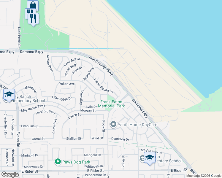 map of restaurants, bars, coffee shops, grocery stores, and more near 1528 Palma Bonita Lane in Perris