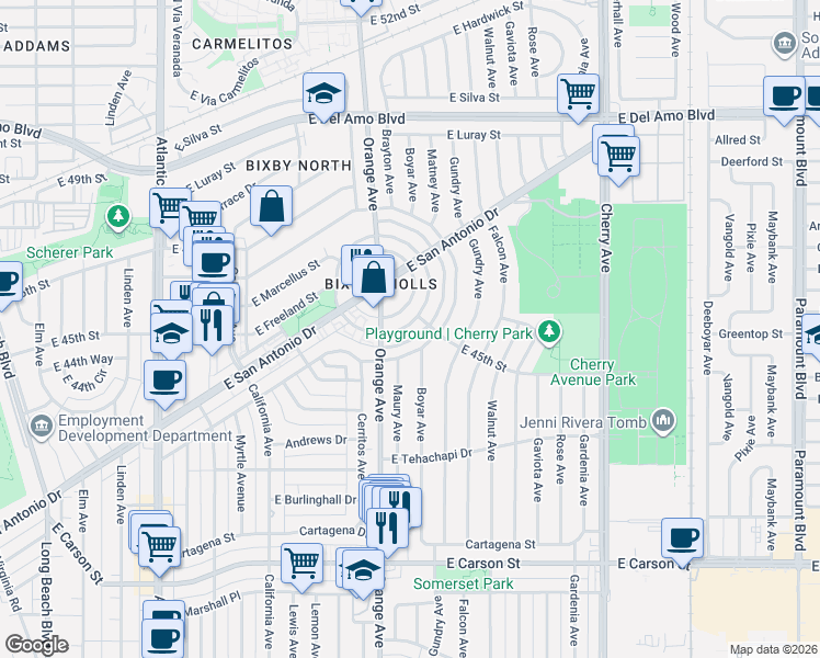 map of restaurants, bars, coffee shops, grocery stores, and more near 4470 North Banner Drive in Long Beach