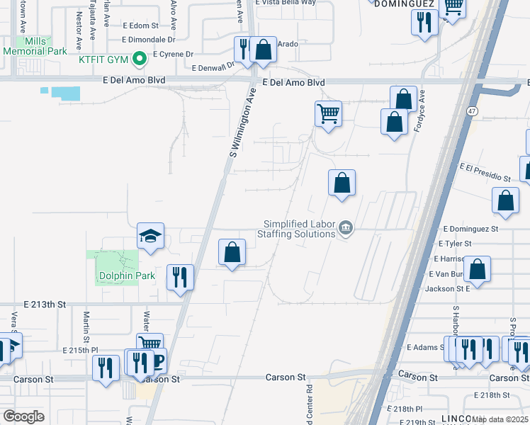 map of restaurants, bars, coffee shops, grocery stores, and more near 2001 East Dominguez Street in Carson