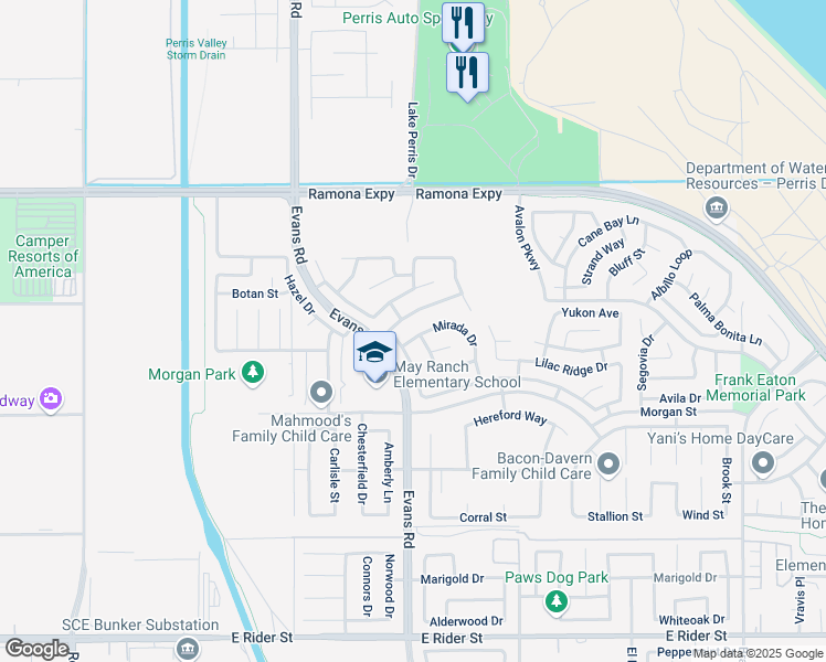 map of restaurants, bars, coffee shops, grocery stores, and more near 1006 Mirada Drive in Perris