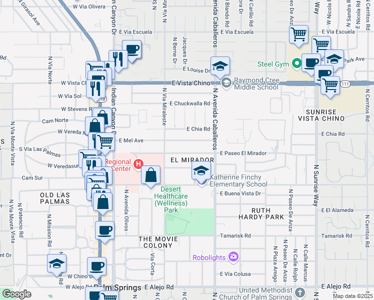map of restaurants, bars, coffee shops, grocery stores, and more near 780 East Paseo El Mirador in Palm Springs