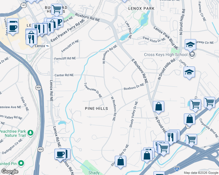 map of restaurants, bars, coffee shops, grocery stores, and more near 3117 West Roxboro Road Northeast in Atlanta