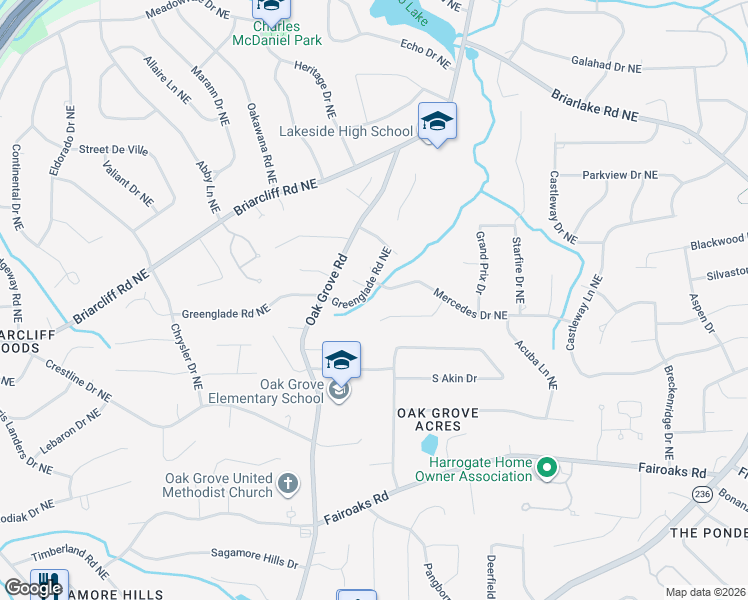 map of restaurants, bars, coffee shops, grocery stores, and more near 2497 Greenglade Road Northeast in Atlanta