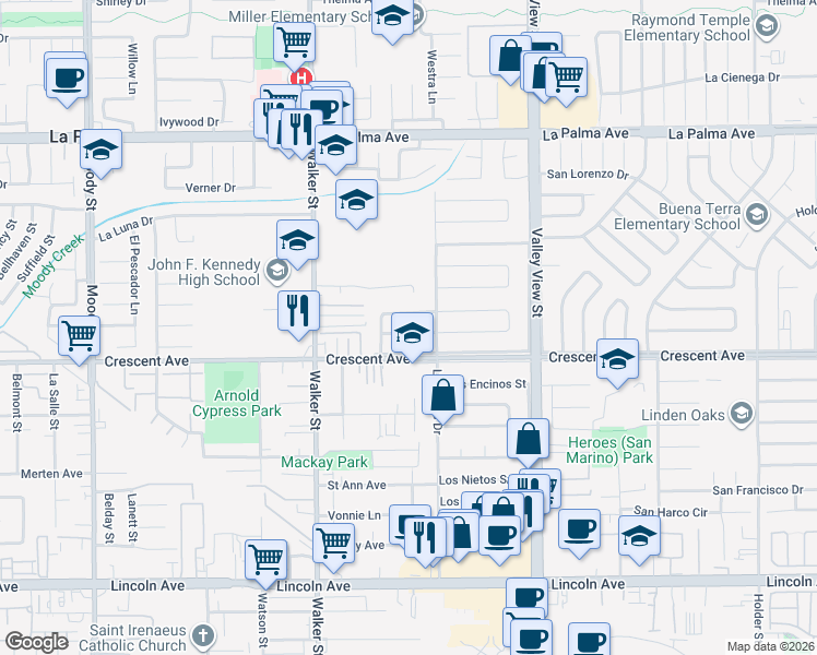 map of restaurants, bars, coffee shops, grocery stores, and more near 5711 Los Amigos Street in Buena Park