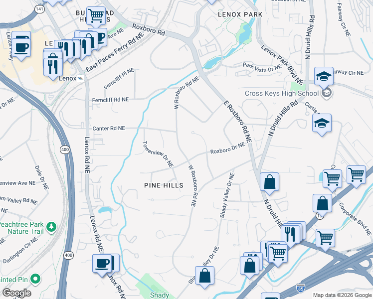 map of restaurants, bars, coffee shops, grocery stores, and more near 3117 West Roxboro Road Northeast in Atlanta