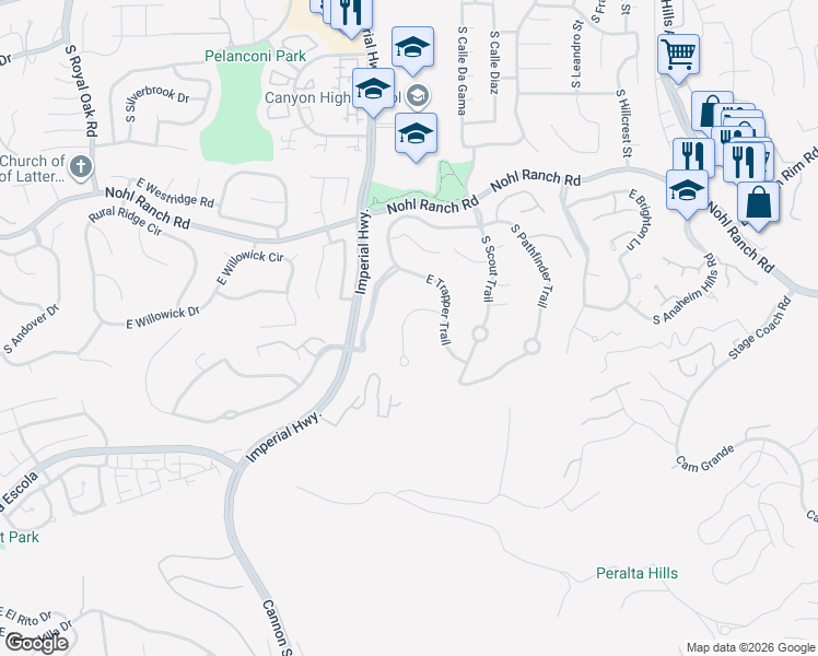 map of restaurants, bars, coffee shops, grocery stores, and more near 652 South Frontier Court in Anaheim