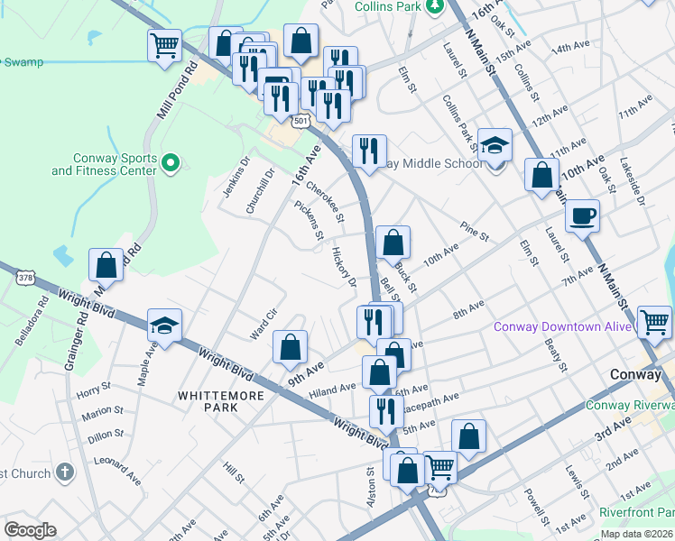 map of restaurants, bars, coffee shops, grocery stores, and more near 1511 Tinkertown Avenue in Conway