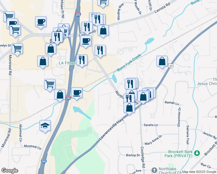 map of restaurants, bars, coffee shops, grocery stores, and more near 2000 Northlake Parkway in Tucker