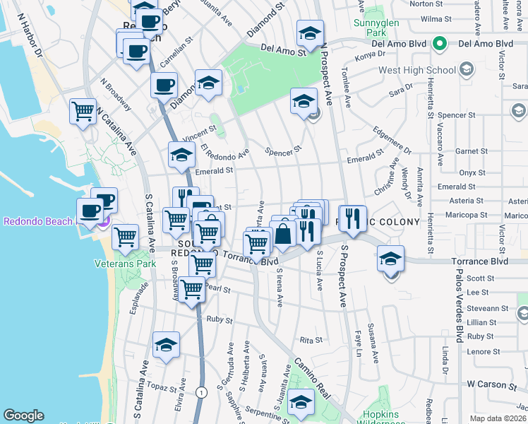 map of restaurants, bars, coffee shops, grocery stores, and more near 205 South Helberta Avenue in Redondo Beach