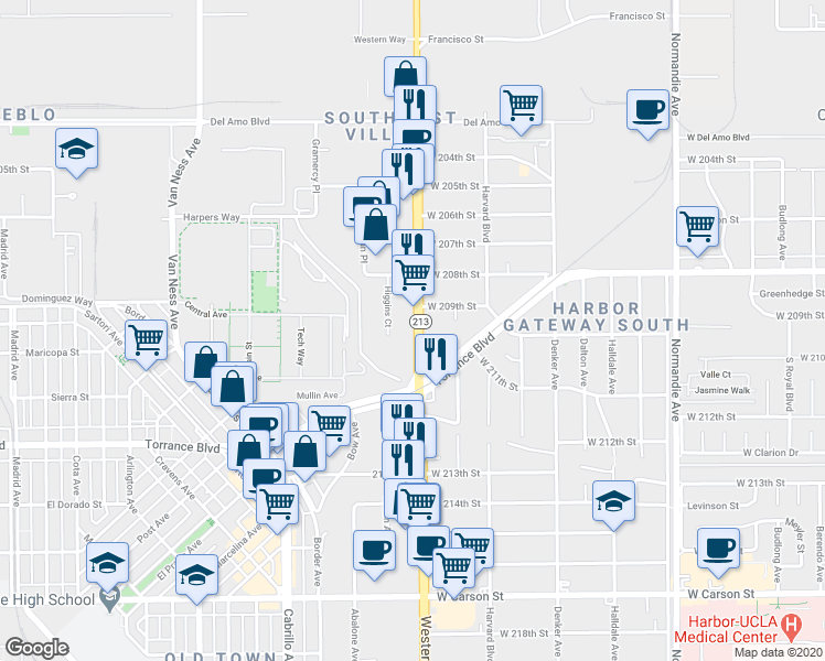 map of restaurants, bars, coffee shops, grocery stores, and more near 20915 South Western Avenue in Torrance
