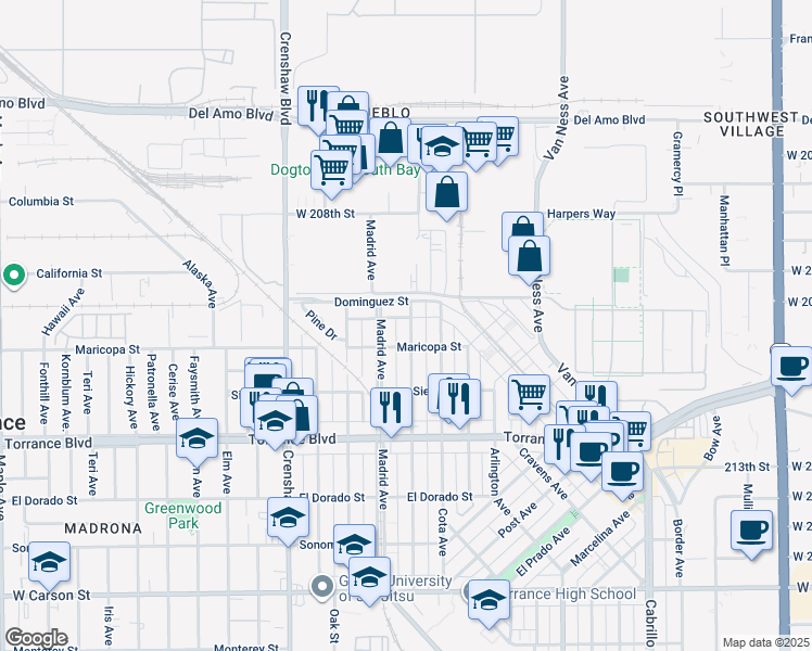 map of restaurants, bars, coffee shops, grocery stores, and more near 625 Amapola Avenue in Torrance