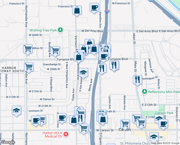 map of restaurants, bars, coffee shops, grocery stores, and more near 20918 Conradi Avenue in Torrance