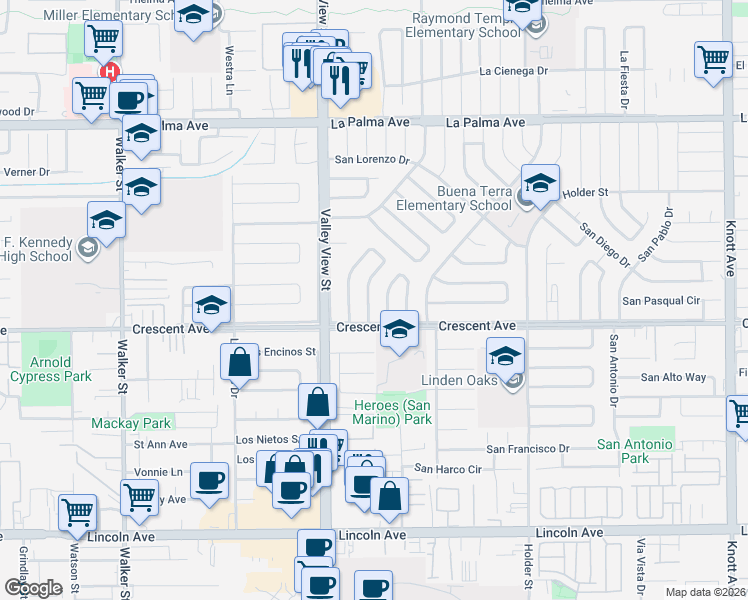 map of restaurants, bars, coffee shops, grocery stores, and more near 8479 San Carlos Way in Buena Park