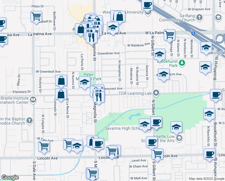 map of restaurants, bars, coffee shops, grocery stores, and more near 2538 West Glencrest Avenue in Anaheim