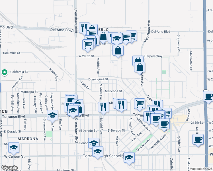map of restaurants, bars, coffee shops, grocery stores, and more near 625 Amapola Avenue in Torrance