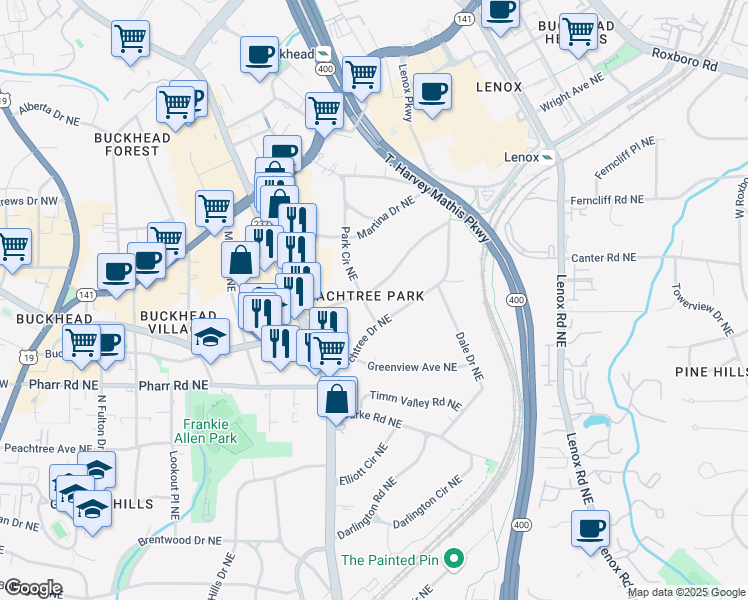 map of restaurants, bars, coffee shops, grocery stores, and more near 651 East Paces Ferry Road Northeast in Atlanta