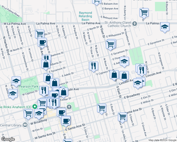 map of restaurants, bars, coffee shops, grocery stores, and more near 371 North Bellarose Way in Anaheim