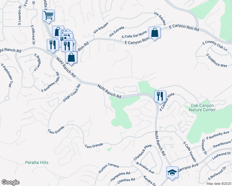 map of restaurants, bars, coffee shops, grocery stores, and more near 6401 Nohl Ranch Road in Anaheim