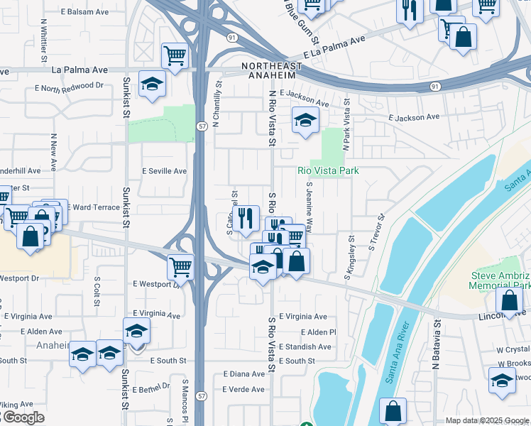 map of restaurants, bars, coffee shops, grocery stores, and more near 135 South Connie Circle in Anaheim