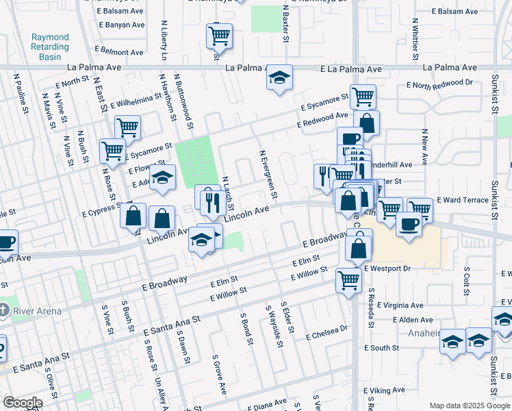 map of restaurants, bars, coffee shops, grocery stores, and more near 1567 East Lincoln Avenue in Anaheim