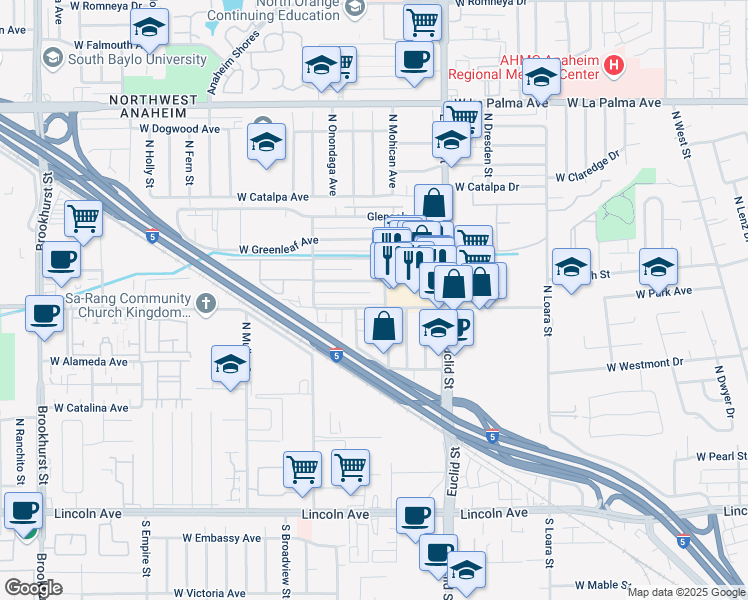 map of restaurants, bars, coffee shops, grocery stores, and more near 1786 West Glencrest Avenue in Anaheim
