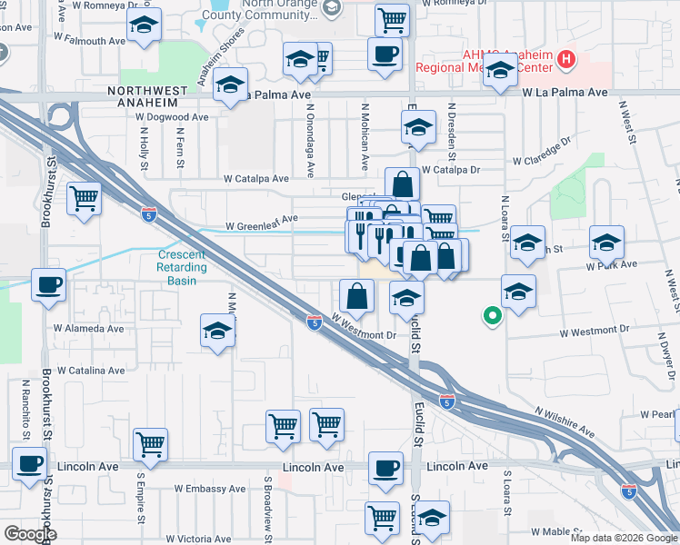 map of restaurants, bars, coffee shops, grocery stores, and more near 1786 West Glencrest Avenue in Anaheim