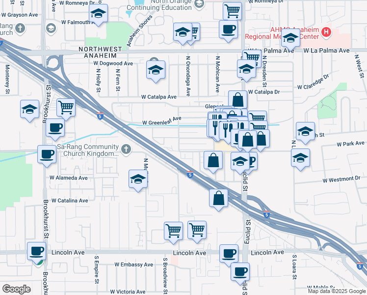 map of restaurants, bars, coffee shops, grocery stores, and more near 1820 West Glencrest Avenue in Anaheim