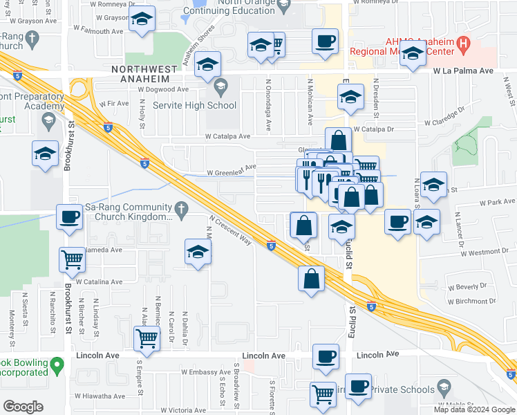 map of restaurants, bars, coffee shops, grocery stores, and more near 1820 West Glencrest Avenue in Anaheim