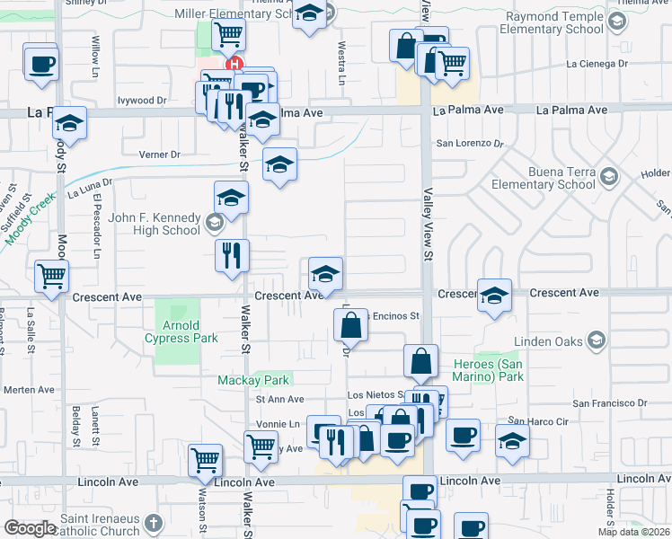 map of restaurants, bars, coffee shops, grocery stores, and more near 5711 Los Amigos Street in Buena Park