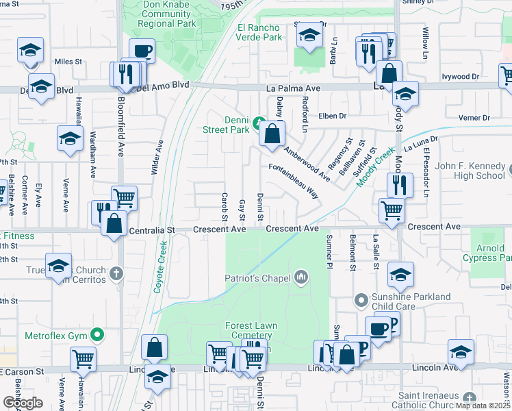 map of restaurants, bars, coffee shops, grocery stores, and more near 8412 Denni Street in Cypress