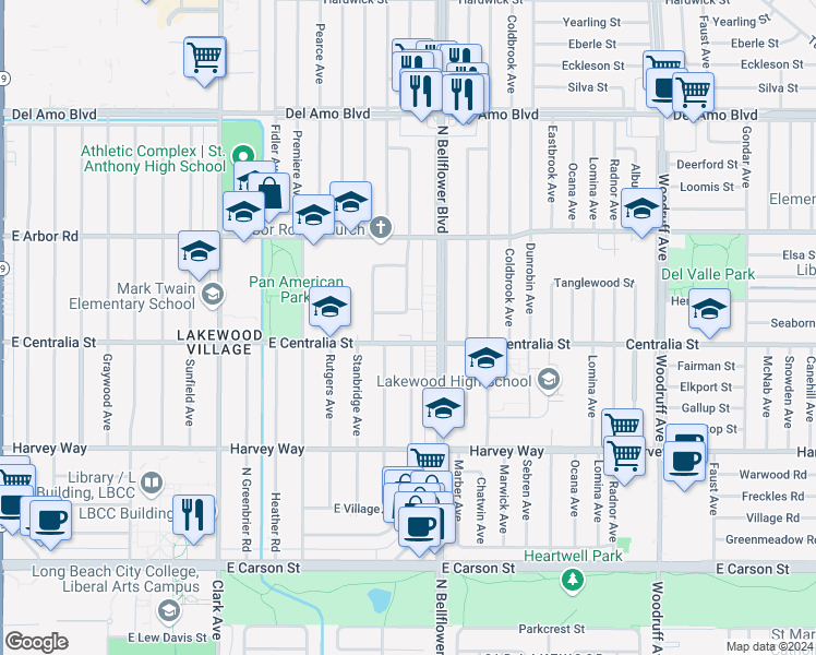 map of restaurants, bars, coffee shops, grocery stores, and more near 5443 Centralia Street in Long Beach