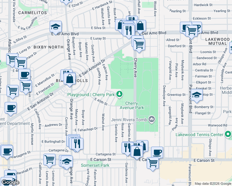 map of restaurants, bars, coffee shops, grocery stores, and more near 4566 Keever Avenue in Long Beach