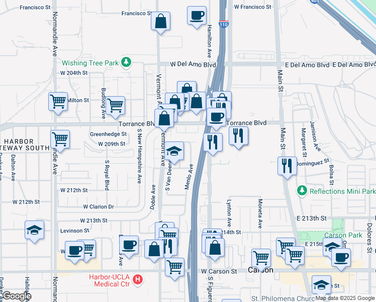 map of restaurants, bars, coffee shops, grocery stores, and more near 20918 Conradi Avenue in Torrance