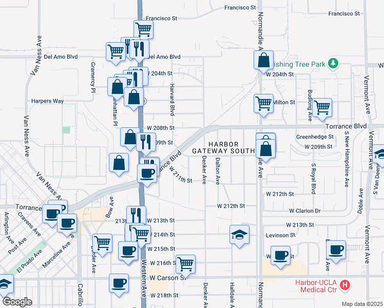 map of restaurants, bars, coffee shops, grocery stores, and more near 1543 West 209th Street in Torrance