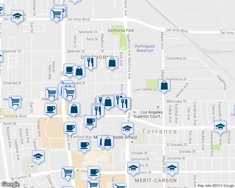 map of restaurants, bars, coffee shops, grocery stores, and more near 3477 Maricopa Street in Torrance