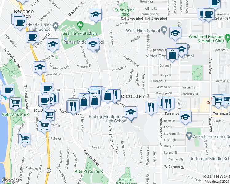 map of restaurants, bars, coffee shops, grocery stores, and more near 214 South Prospect Avenue in Redondo Beach