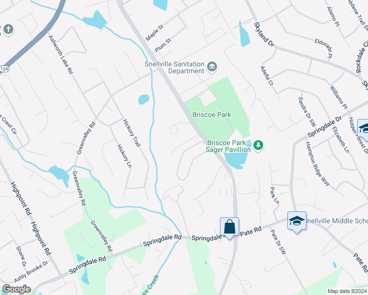 map of restaurants, bars, coffee shops, grocery stores, and more near 2624 Dorian Drive Southwest in Snellville