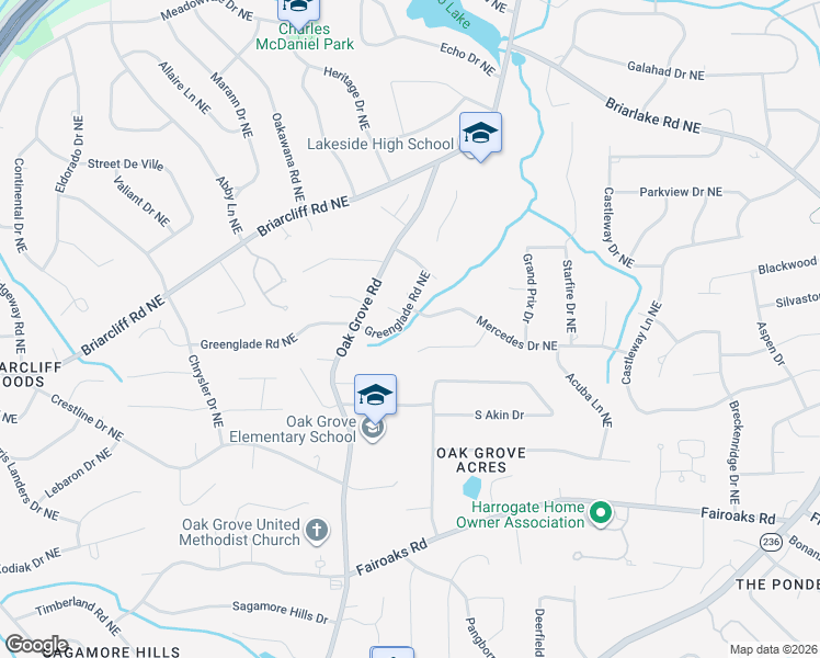 map of restaurants, bars, coffee shops, grocery stores, and more near 2497 Greenglade Road Northeast in Atlanta