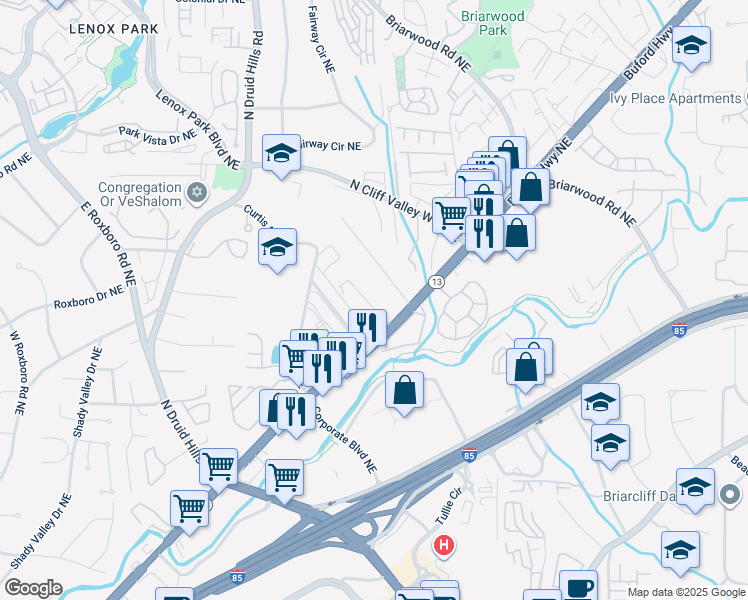 map of restaurants, bars, coffee shops, grocery stores, and more near 3160 Buford Highway Northeast in Atlanta