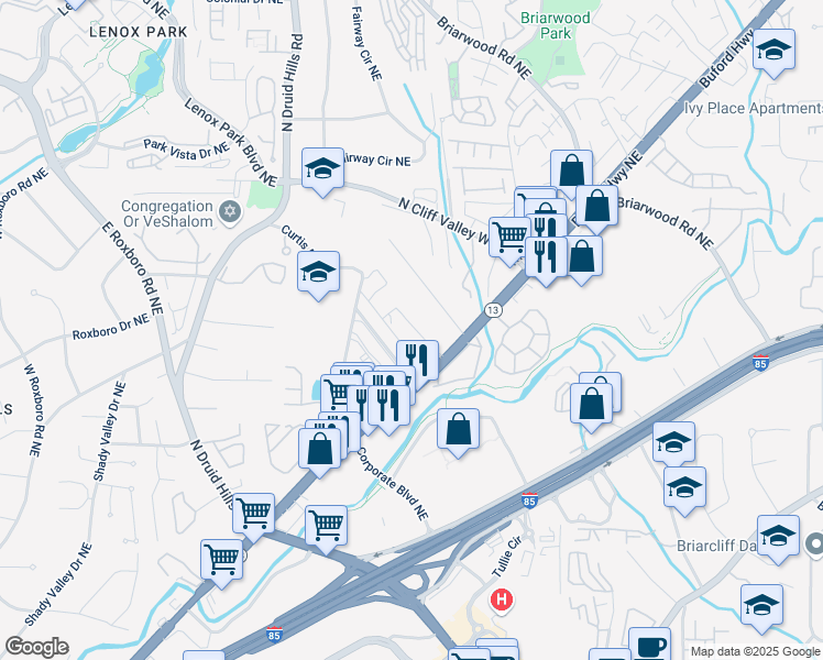 map of restaurants, bars, coffee shops, grocery stores, and more near 3160 Buford Highway Northeast in Atlanta