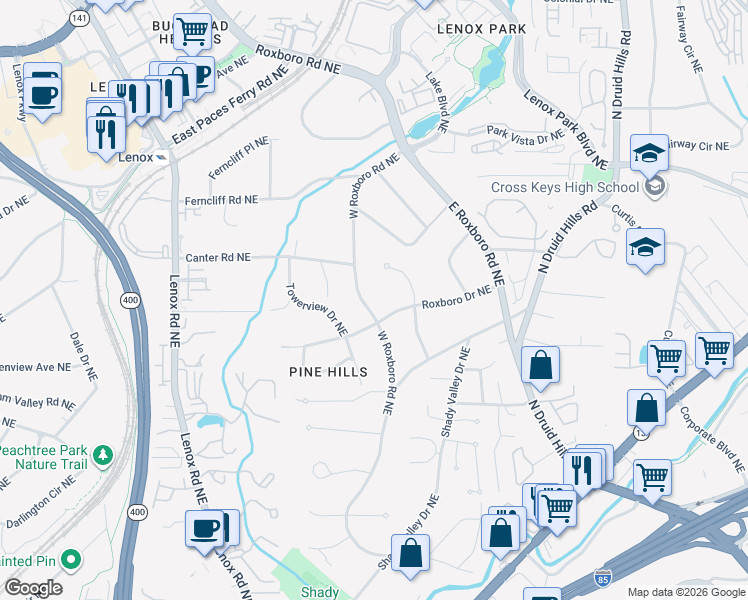 map of restaurants, bars, coffee shops, grocery stores, and more near 3117 West Roxboro Road Northeast in Atlanta