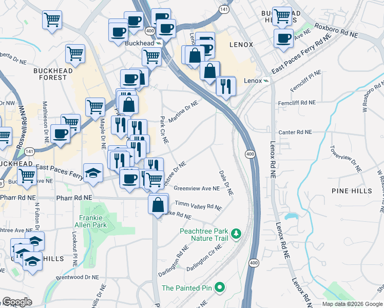 map of restaurants, bars, coffee shops, grocery stores, and more near 3126 Peachtree Drive Northeast in Atlanta